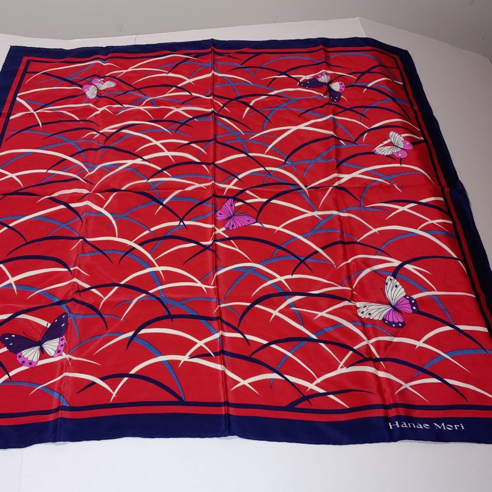 Hanae Mori Vintage Silk Butterfly Print Scarf Red Pink Blue